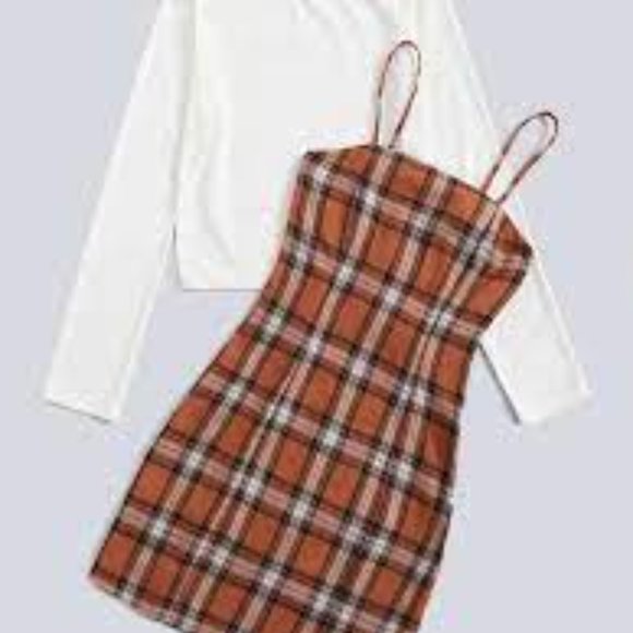 Solid Crop Tee & Plaid Cami Dress - Picture 2 of 4